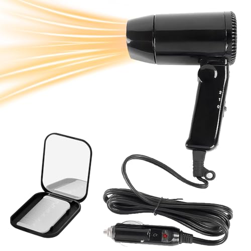 Secador De Pelo Portátil Para Coche de 12 V, Secador de Pelo con Mango Plegable, Mini Secador de Pelo Ligero para Frío y Caliente con Peine y Espejo