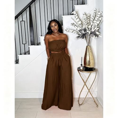 Image of Two Piece Sets for Women Summer Outfits Crop Tops and Wide Leg Pants Sets Sexy Jumpsuits Vacation Outfits with Pockets