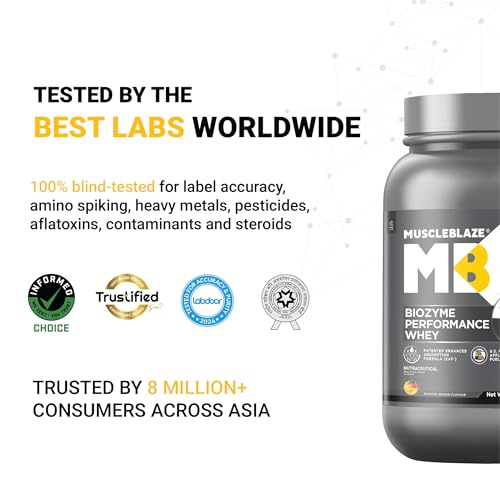 Image of MuscleBlaze Biozyme Performance Whey Protein Powder, Magical Mango (1kg / 2.2lbs) | 25g Protein Per Scoop | Clinically Tested 50% Higher Protein Absorption