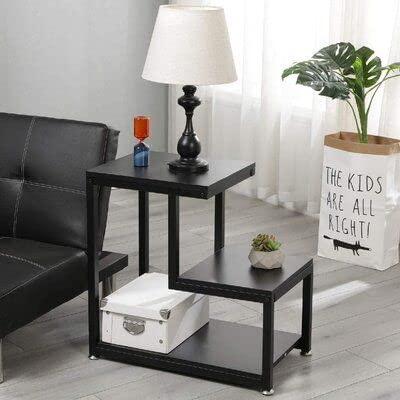 Image of 3-Tier Sofa Side Table, Nightstand with Storage Shelf, Sturdy Metal Frame, Ladder-Shaped Chair Side Table, Tabletop Storage Shelf for Living Room or Bedroom /Black