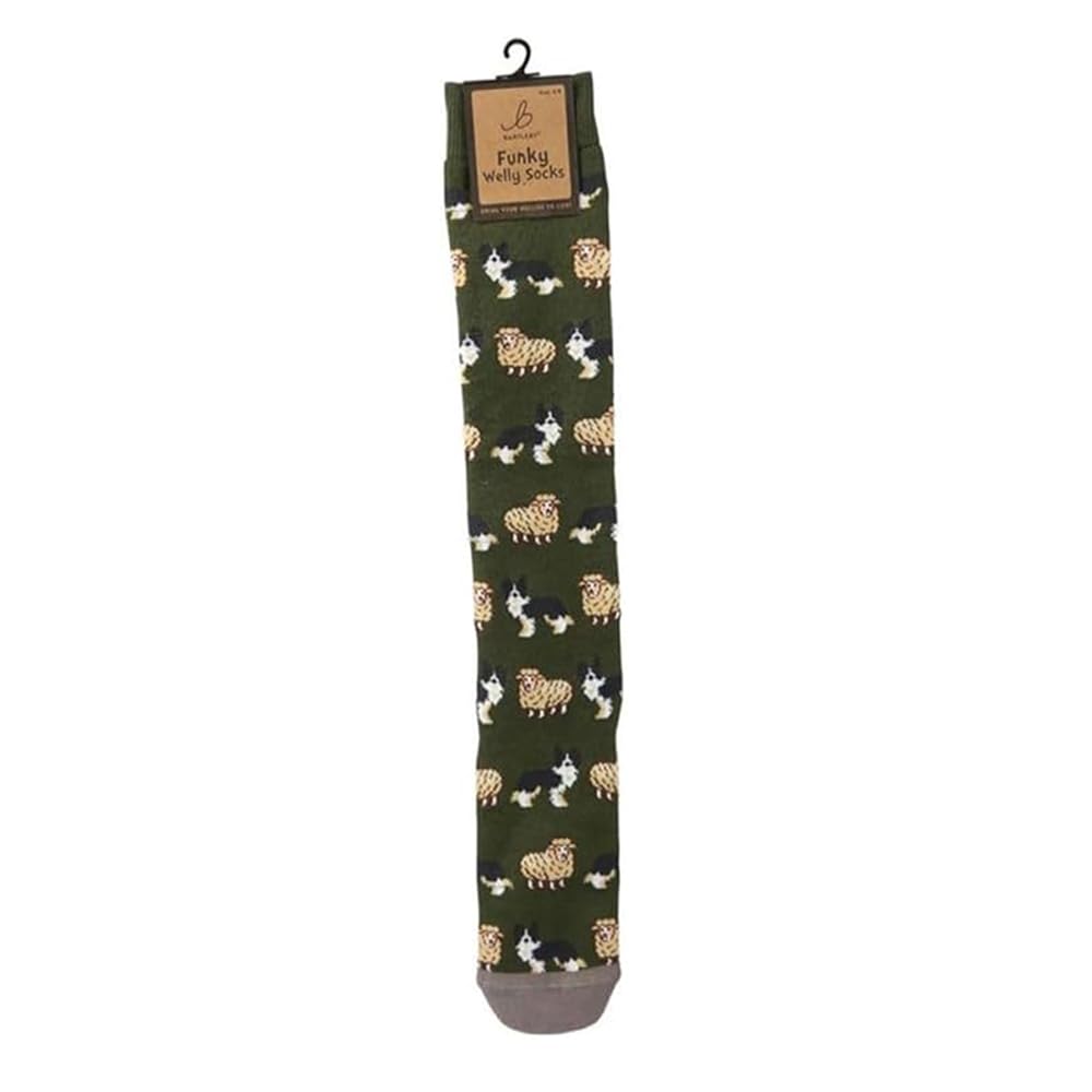 Bartleby Unisex Red And Green Funky Welly Socks - Sheep & Dog
