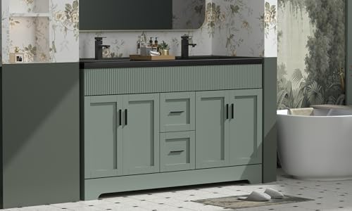 Image of eclife 60 inch Bathroom Vanities Sink Combo with Painted Surface, Modern Drawered Cabinet W /Decorative Wave Lines, Undermount Double Black Sink, Matte Black Faucet Drain, Gray Green