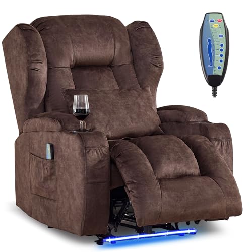 Image of DRMBOOK Power Recliner Chair, Electric Wall Hugger Reclining Sofa with Massage & Heat, Overstuffed Theater Seating with LED /USB Port /Cup Holders for Living Room (Velvet Brown, 1 Chair)
