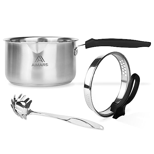 AIMARS Stainless Steel saucepan,Small Saucepan with Lid and Spaghetti Spoons,Multipurpose Induction Cooking Sauce Pan,Heavy Bottom Durable Non-Stick Saucepan Pot Cookware&Cooking Pot (2 QT Pot)