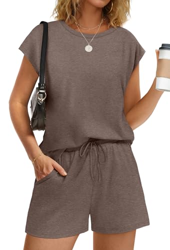 Image of WIHOLL Two Piece Sets for Women Summer Crew Neck Lounge Short Sets Cap Sleeve Drawstring Sweatsuit with Pocket