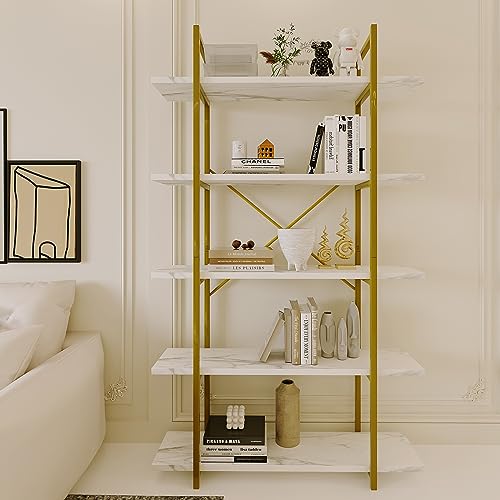 Azheruol 5 Tiers Bookshelf Organizer White Faux Marble Shelf,Modern Open Display Storage Bookcase,...