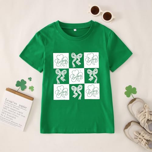 Image of Kid Girls St. Patricks Day Shirts Bow Lucky T-Shirt Shamrock Tees Clover Short Sleeve Tops Irish Outfits 7-12 Years