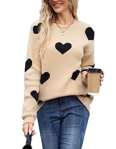 Drvitor Women’s Pullover Sweaters Long Sleeve Crewneck Casual Pullover Cute Heart Pattern Knitted Sweater (Beige&Black,X-Large)