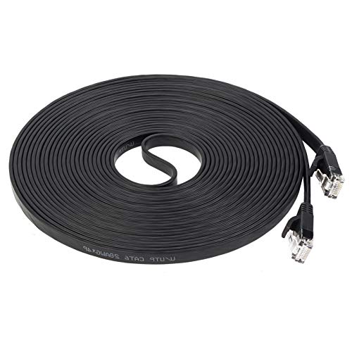 Cat 6 Ethernet Cable 100 ft, Flat Black Internet Network LAN Patch Cords, Solid Rj45 Cat6 High Speed Computer LAN Cable with Clips for Router, Modem, Faster Than Cat5e/Cat5, 100 feet