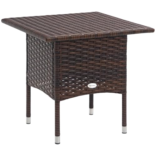 Outsunny Rattan Side Table, Outdoor Coffee Table with Plastic Board Under the Full Woven Table Top for Patio, Garden, Balcony, Mixed Brown