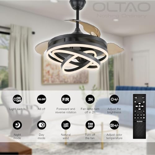 Image of OLTAO Enigma Modern 42-Inch Dimmable Chandelier Fan - Black | with Copper BLDC Motor & Retractable Blades | Summer-Winter Mode LED Light Fan with Remote & App Control - for Living Room