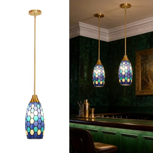 Tiffany Hanging Pendant Light,Blue Stained Glass Ceiling Light, Vintage fixtures, 5.15" Tiffany Chandelier for Dining Room Living Room Foyer Kitchen Home or Porch,Line Length 61.26" Blue 5.1