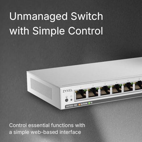 Image of Zyxel 16 Port Network Ethernet Switch | Unmanaged+ Gigabit | GS1100-16E | 16x GbE Ports, Fanless, Slim Design, Wall Mount Kit Included, Auto MDI /MDI-X Support, VLAN, Loop Prevention
