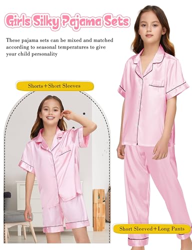 Silk Pajamas for Girls Satin Pajama Kids 3 Pieces Short Sleeve Girl Button-down Pjs Shorts Pants Sleepwear2