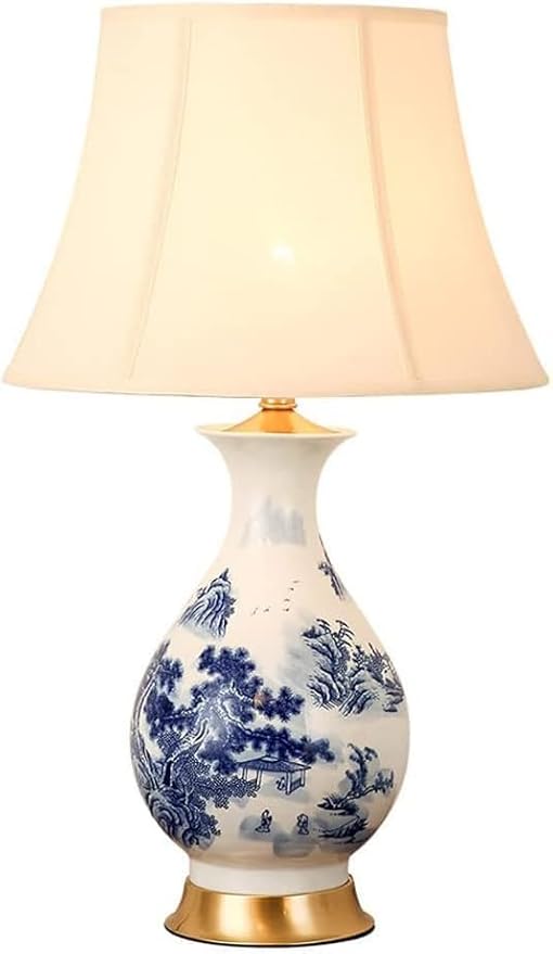 LINGCMP Chinese Style Ceramic Table Light Antique Country Bedroom Bedside Lamp Retro Blue and White Porcelain Table Lamp Living Room Ceramic Desk Light with Fabric Shade Home Office Home Decor