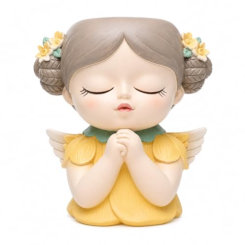 Image of Angel Succulent Planter Pot, Cute Praying Girl Resin Flower Pot with Drainage, Mini Indoor Plant Holder for Succulents, Cactus & Desk Decor, Home Office Gift, Yellow