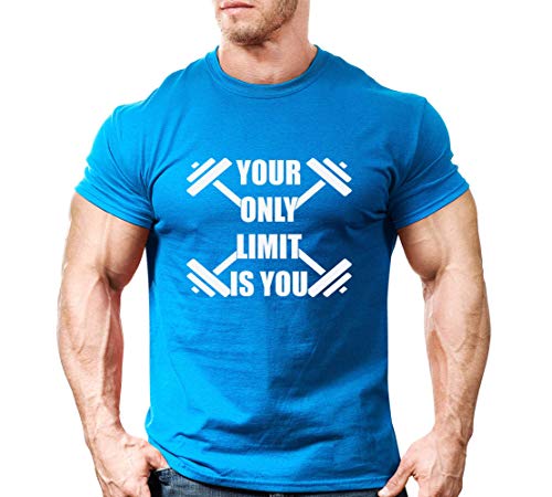 Crown Designs Your Only Limit is You Bodybuilding Weight-Training Sports Tapered Fit Top for Men and Teens - Gym T - Royal White Design/XL