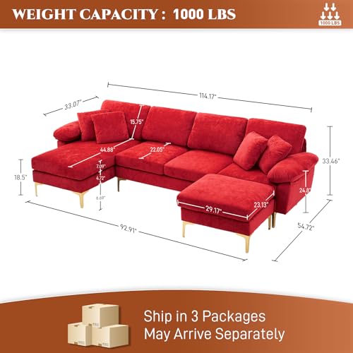 Image of OUYESSIR U-Shaped Sectional Sofa Couch, 4 Seat Sofa Set for Living Room, Convertible L-Shaped Velvet Couch Set with Chaise Lounge, Ottoman and Pillows,114 inches (Red)
