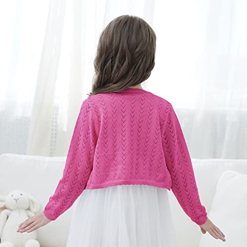 Image of Girls' Crochet Knitted Cardigan Sweater Bolero Shrug Kids Long Sleeve Button Closure Cropped Knitwear Cover Up,Dark Rose,5 /6