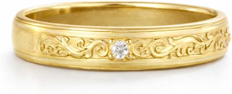 Vintage Floral Wedding Band for Men and Women 18K Yellow Gold CZ Diamond Engraved Ring Classic Natural Inspired Vine Couple Gift Jewelry