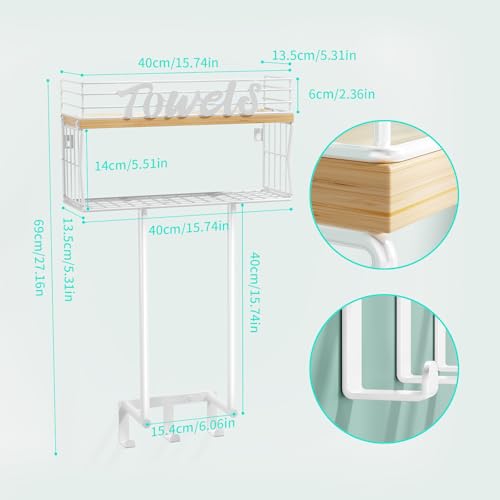 HapiRm Towel Racks Bathroom Storage - Wall Mounted Towel Holder with Metal Storage Basket and Wood Shelf, Rolled Towel Organizer with 3 Hooks for Small Bathroom (White)