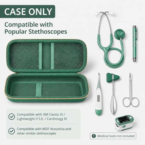 Image of Stethoscope Case Compatible with 3M Littmann Classic III Monitoring /Lightweight II S.E /Cardiology IV Diagnostic /MDF Acoustica Stethoscopes, Extra Pocket for Doctor & Nurse Accessories (Midnight Green)