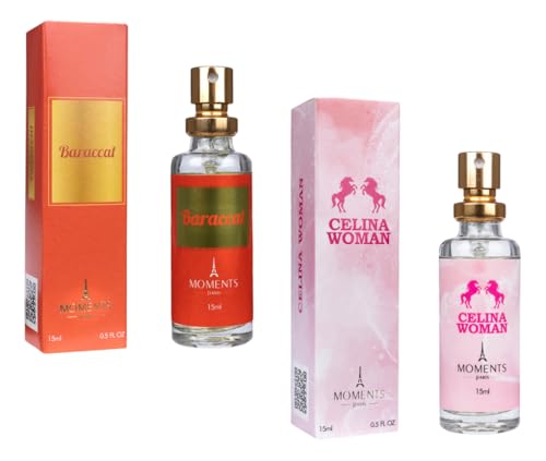 Perfume de Bolsa ÁRABE Unisex BARACCAT CELINA 15ml Moments Paris Maravilhosa Fragrância Âmbar Floral Amadeirado para Noite e Dia Alta Fixação e Longa Duração Projeção Intenso Spray