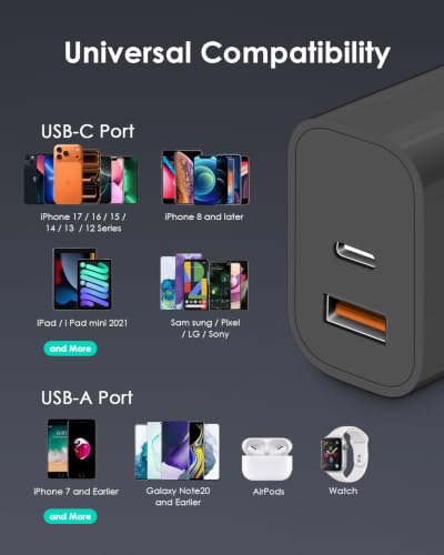 Image of [4 Pack] USB C Charger Block Fast Charging Multiport Adpater [PD 20W USB-C & QC 3.0 USB-A Port] for iPhone 17 /16 /15 /14 /13 /12 /11 /X /9, iPad, Galaxy, Google & More [Black]
