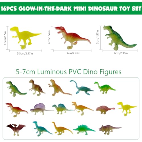Image of PATPAT 16Pcs Glow-in-the-Dark Mini Dinosaur Toy Set, 5-7cm Luminous PVC Miniature Dino Figurines, Small Dinosaur Toys for Kids 3-5 Room Decor Items, Birthday Return Gift for Kids
