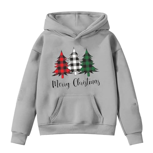 Sudadera con Capucha Infantil Navideña Estampado de Árbol Cálido Abrigo para Niños Diseño Festivo Invierno Comodidad Tejido Material Calidad Superior Regalo Ideal Moda Infantil (Grey, 12-13 Years)