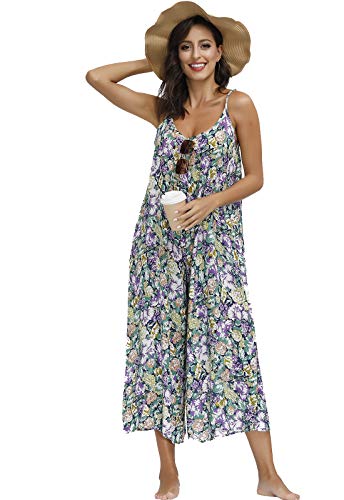 Image of BUENOS NINOS Women's V Neck Floral Maxi Dress Boho Printed Adjustable Spaghetti Strap Ethnic Beach Long Dress with Pockets