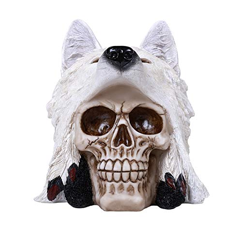 Estatua Decorativa de Calavera con Lobo Blanco en Resina