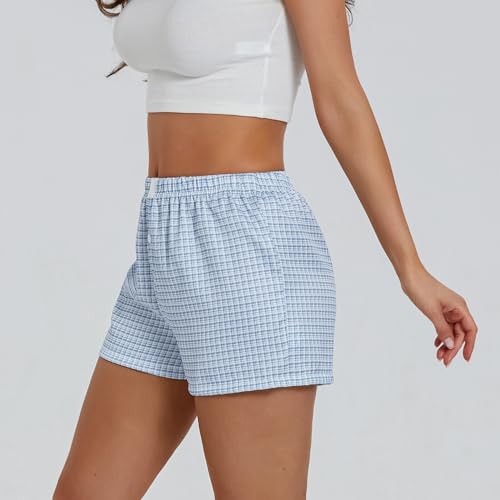 Image of Pivanzore Y2k Plaid Shorts for Women Casual Elastic Waist Aesthetic Lounge Bottom Baggy Pajama Shorts Boxers Sleepwear