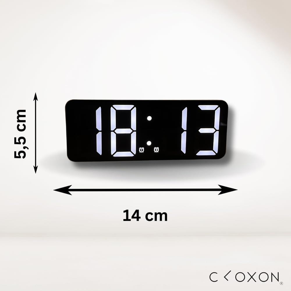 Sveglia digitale a LED con grande visualizzazione, sveglia digitale, bianco, da comodino, ricaricabile, con datario, temperatura, due allarmi, 12/24 HR