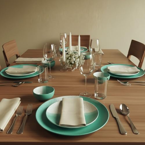 Image of Freakway Ceramic Dinner Set | 6-Piece Dual Tone Mint Green & Beige Speckled Plates & 6 Bowls | Elegant Serving Set for Meals & Dining Table
