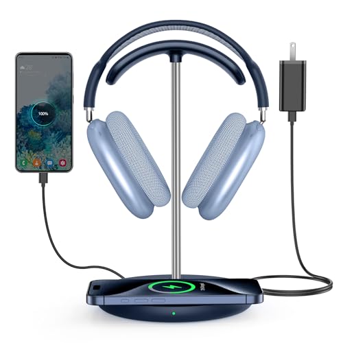 Miroddi Headphone Stand with Wireless Charger, Independent USB Charging Port, 5 in 1 Charging Station Headset Holder Rack for iWatch, iPhone, Samsung and Desk All Headphones, Dark Blue