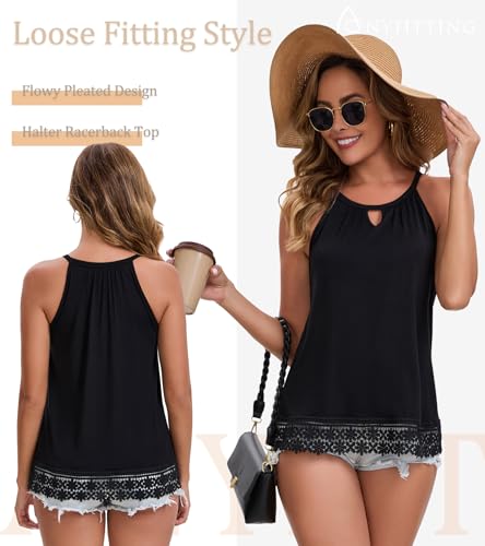 Image of Women Halter Tank Top with Built in Bra Flowy Sleevless Padded Camisole Loose Fit Summer Shirt Top S-3XL