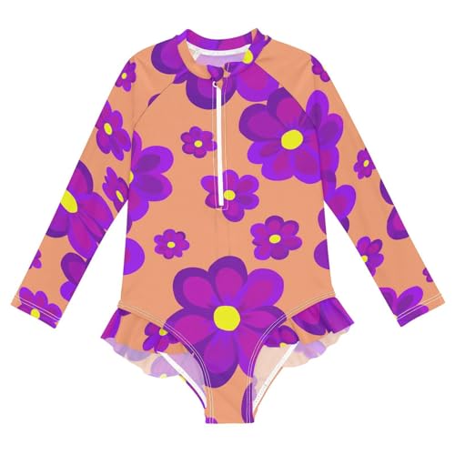 J JOYSAY Purple Flower Blossom Apricot Girls One Piece Swimsuits Long Sleeve UPF 50+ Rash Guard Kids Swimwear 3-12 Years