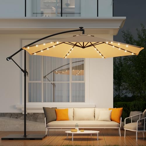 EROMMY 10FT 40 LED Solar Lighted Patio Umbrella, Outdoor Offset Cantilever Umbrella, Infinite Tilt, Crank and Cross Base, UV Protection for Backyard, Lawn, Garden & Pool