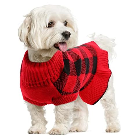 Lelepet Dog Sweater Dress Large Dog Sweaters for Girls Turtleneck Pullover Knitwear Warm Dog Dress Fall Dog Sweater Classic Plaid Dog Christmas Sweater for Small Medium Large Dogs,Beagle,Red, XL Cover