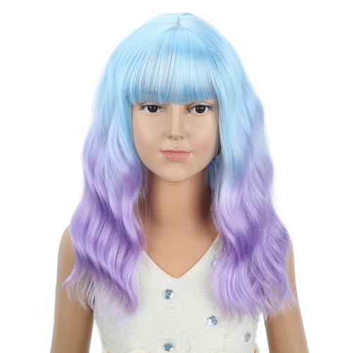 Image of PATTNIUM Girls Blue Ombre Purple Wig with Bangs Kids Short Wavy Curly Wig Blue and Purple Bob Wigs Synthetic Halloween Costume Cosplay Party Wigs