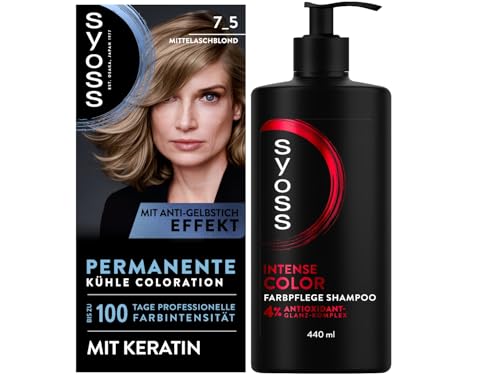 SYOSS Coloration 7_5 Mittelaschblond (115 ml), mit Keratin, 100% Grauabdeckung & Gliss Shampoo Colour Perfector (250 ml), Haarshampoo für coloriertes und gefärbtes Haar