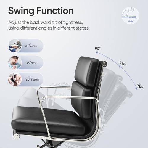 Image of Genuine Leather Office Chair, Padded Mid Back Ergonomic Executive Desk Chair with Aluminum Arm Rest and Base, Swivel Wheels with Lumbar Support & Tilting Function, Hight Adjustable, Black