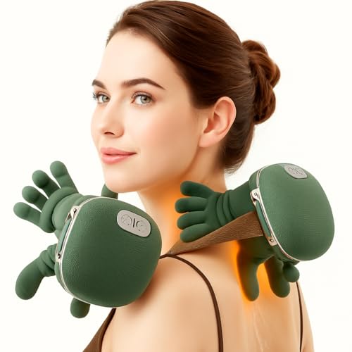 Image of Bionic Heated Massager, Electric Deep Tissue 4D Kneading Massage, Wireless Portable Shiatsu Neck and Back Massager, Simulated Human Hand Design for Pain Relief and Muscle Relax (Green)