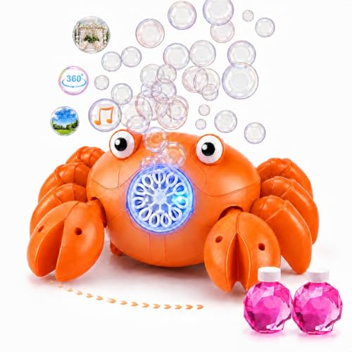 Rechargeable Bubble Machine for Kids, 360° Rotating Crawling Crab 10000+ Bubbles/Min with Music & LED, Automatic Obstacle Avoidance Bubble Maker Toy for Outdoor Garden Parties Birthday Gift
