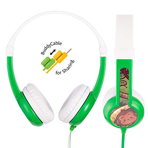 ONANOFF BuddyPhones Connect, Volume-Limiting Kids Headphones, Foldable and Durable, Built-in Audio Sharing Cable with in-Line Mic, Best for Kindle, iPad, iPhone and Android Devices, Green