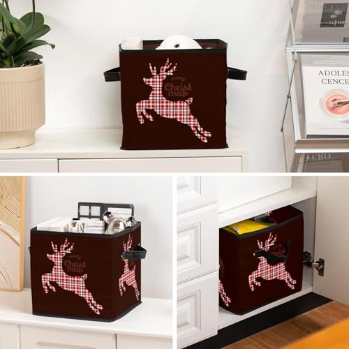 Boîte de rangement pliable en tissu cube Cerf de Noël rouge - 6
