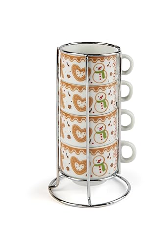 Excelsa Wonderful Ginger Set 4 Tazzine da Caffè in Porcellana, Motivo Natalizio con Pupazzo di Neve, con Supporto Metallico