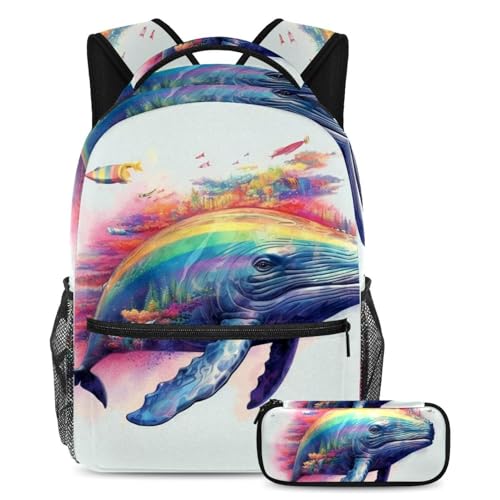 Sac à dos Rainbow Whale avec trousse assortie grand cartable scolaire mixte