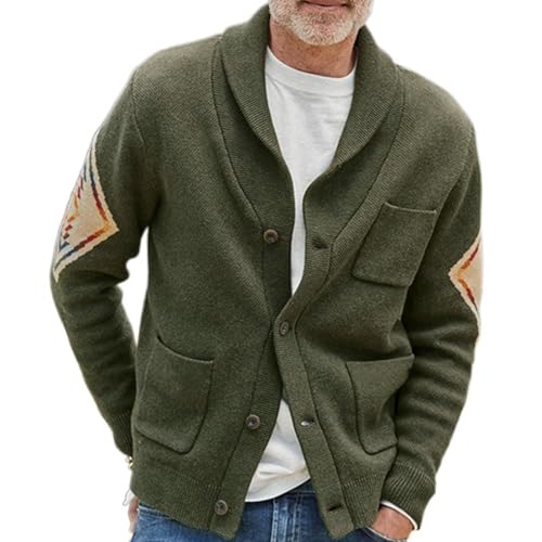 Cardigan Sweater for Men Jacquard Knit Shawl Collar Button Down Vintage Sweaters with Pockets